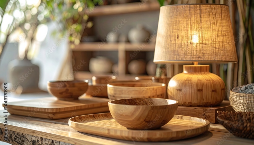 Warm Lit Wooden Bowls And Lamp On Rustic Tabletop Warm Lit Wooden Bowls And Lamp On Rustic Tabletop