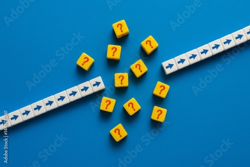 Uncertainty and Choice Conceptual Image Yellow Cubes Question Marks Blue Arrows White Blocks Decision Making Path Options Strategy Planning Future Direction Problem Solving Business Concept Visual    