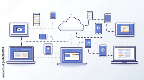 Cloud-based network connection between various devices.  Numerous devices, including laptops, smartphones, and tablets, are connected to a central cloud server via a network. 