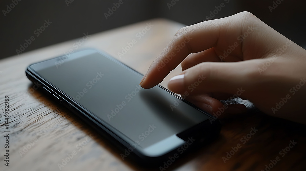 Closeup of a hand using a smartphone on a wooden table. Minimalist style, perfect for technology, communication, or online interaction concepts. Closeup of a hand using a smartphone on a wooden table. Minimalist style, perfect for technology, communication, or online interaction concepts.