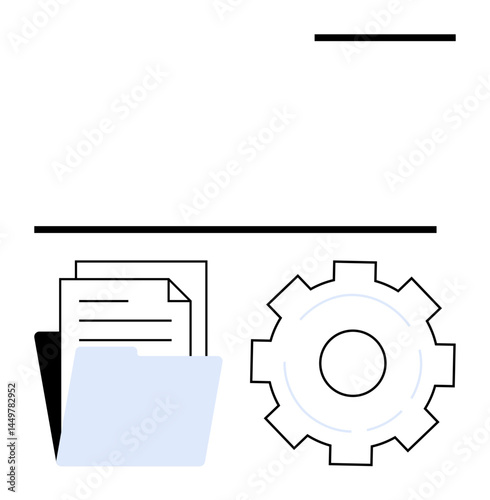 Open folder with papers beside a gear representing organization, workflow, and process management. Ideal for productivity tools, automation, business strategy, teamwork, development, file management