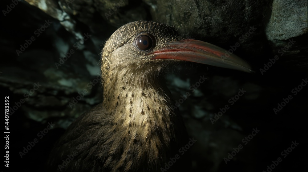 Obraz premium Nocturnal Bird Portrait: Mottled Plumage, Prominent Red Bill, Dark Cave Setting