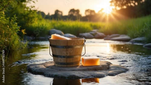 Serenity in nature with a wooden bucket and handmade soap by a tranquil stream at sunrise