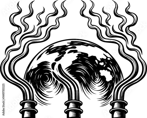 Global energy powers the economy through interconnected systems svg vector. Glowing Geothermal Vents Emitting Steam Around Earth Illustration