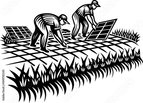 Global energy powers the economy through interconnected systems svg vector. Installation of Solar Panels in Rice Fields by Two Workers