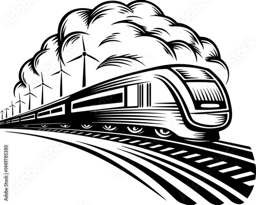 Global energy powers the economy through interconnected systems svg vector. Powered Train Gliding Across Green Terrain with Wind Turbines