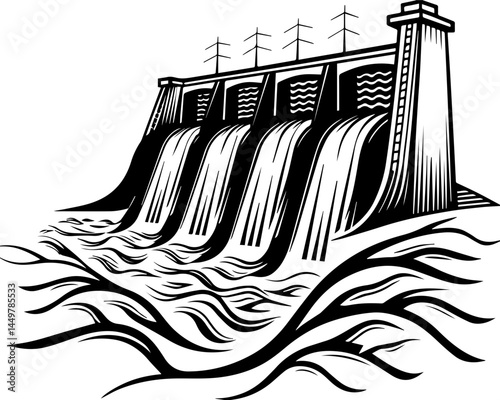 Global energy powers the economy through interconnected systems svg vector. Hydroelectric Dam Illustration with Energy Lines and Flowing Water