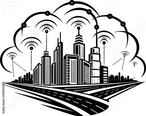 Global energy powers the economy through interconnected systems svg vector. Night Skyline Cityscape with Light Trails and Dynamic Elements