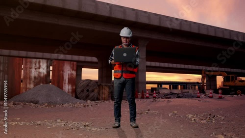 Wallpaper Mural Full Body Of Asian Male Engineer With Safety Helmet Working On A Laptop While Standing At The Site of Highway Construction Torontodigital.ca