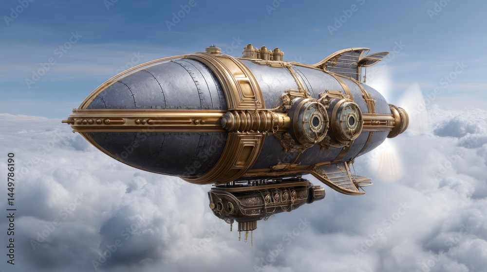 Steampunk Airship Flying Through Clouds Steampunk Airship Flying Through Clouds