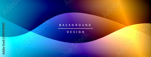 Abstract gradient background. Blue transitions to purple, then orange. Text reads background design centered within waves. Minimalist style.