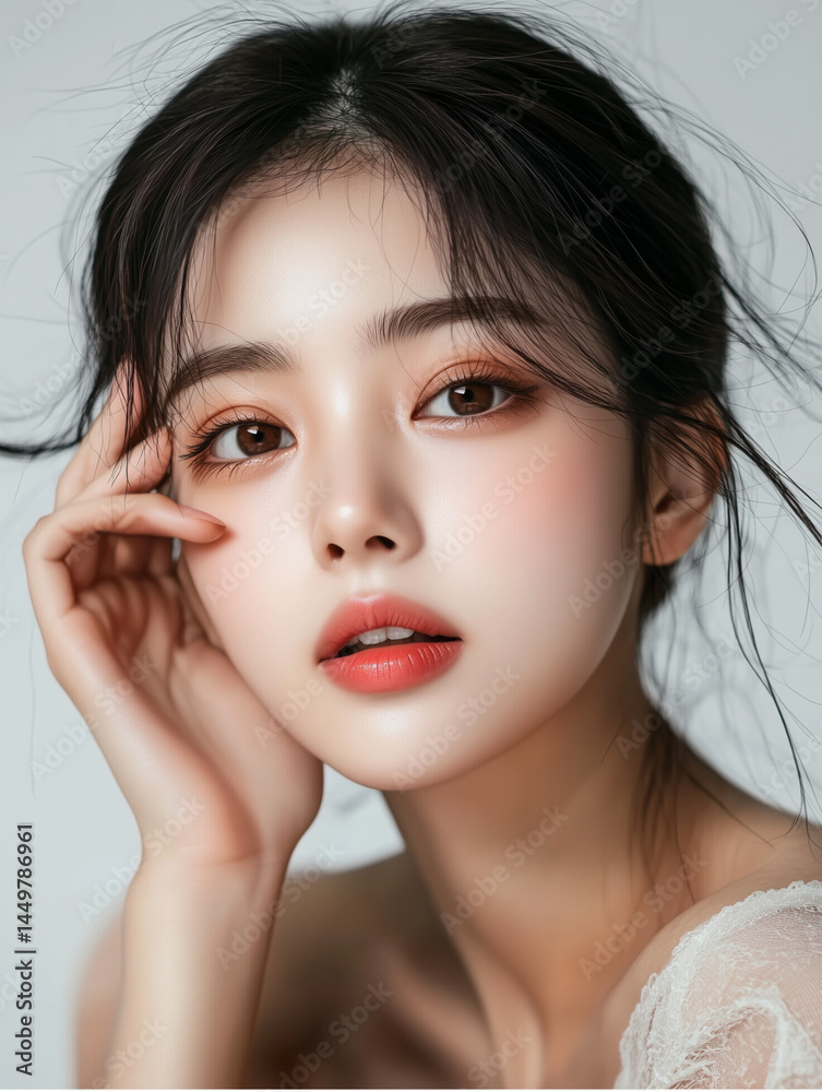 Naklejka premium Beautiful Korean woman showcasing flawless skincare in a close-up portrait with natural makeup and soft hair, in a serene setting