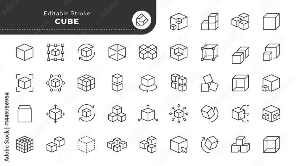 Cube line icon set. Module, box, Geometric shape, model, block, product. Outline vector icon in linear style. Series of pictograms