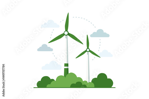 sustainable wind turbines surrounded by green bushes and light clouds, representing clean renewable energy, eco-friendly technology, and environmental conservation.