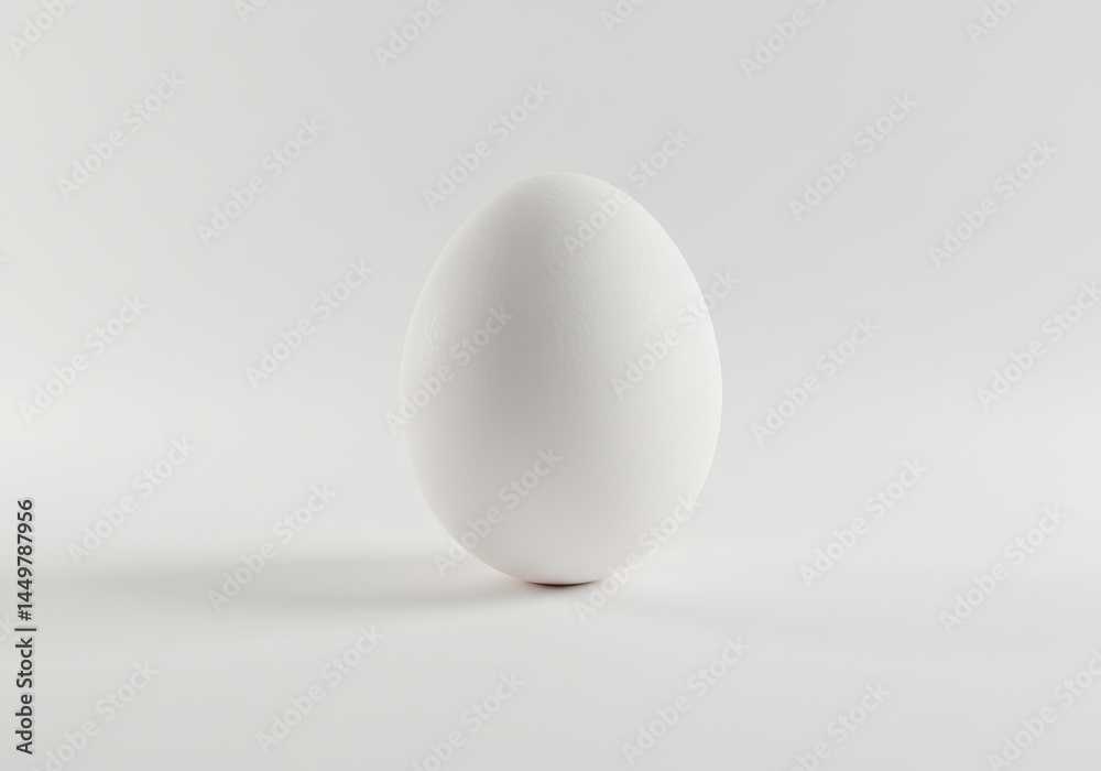 Single white egg standing upright on a white surface, casting a soft shadow in a minimalist composition Single white egg standing upright on a white surface, casting a soft shadow in a minimalist composition