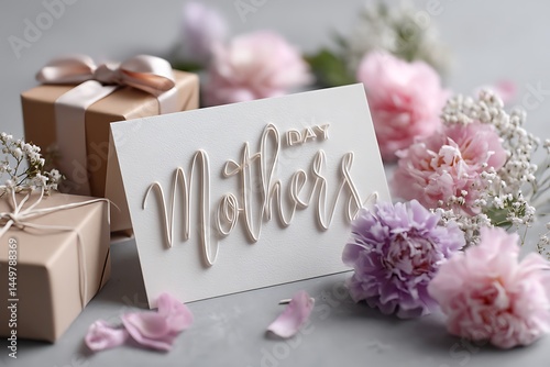A delightful flat lay of a Mothera??s Day greeting card resting among fresh flower petals and elegantly wrapped gifts, capturing the spirit of love and appreciation for mothers.