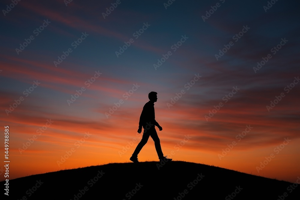 Silhouette walking sunset hill. Silhouette walking sunset hill.