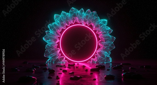 Neon Portal Abstract Digital Art, Pink and Teal Energy, Glowing Circle Frame, 3D Render