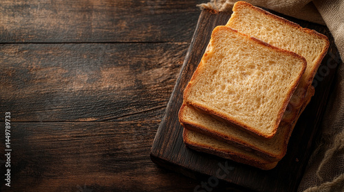 Overhead image of whole grain bread slices resting on a dark wooden rustic surface photo