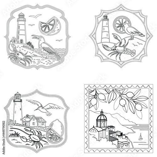 Vintage Italian print set bundle line art , wall art vector grunge travel postcard stamp, summer engraving placard or poster. Retro frame or border element design line art and illustrator eps 10 