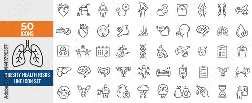 Obesity & Health Risks Line Icon Set – Thin Linear Vector Symbols of BMI Chart, Weighing Scale, Diabetes, Cholesterol, High Blood Pressure, Fast Food & Mental Health