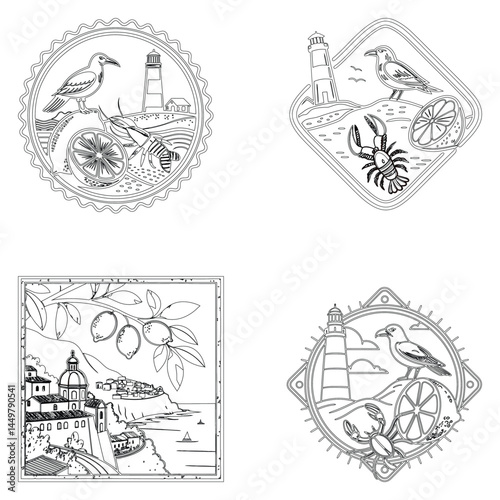 Vintage Italian print set bundle , wall art vector grunge travel postcard stamp, summer engraving placard or poster. Retro frame or border element design line art and illustrator eps 10 