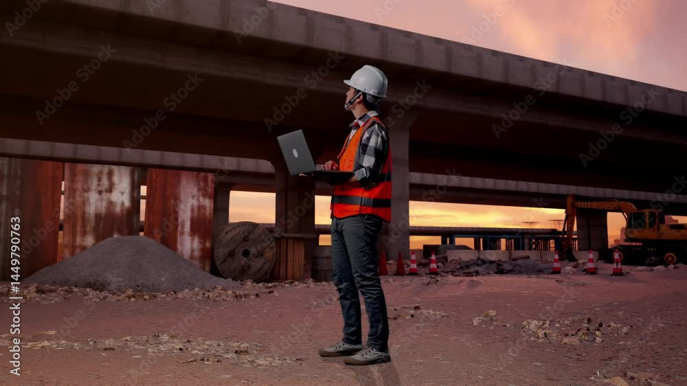Full Body Side View Of Asian Male Engineer With Safety Helmet Working On A Laptop And Looking Around While Standing At The Site of Highway Construction Full Body Side View Of Asian Male Engineer With Safety Helmet Working On A Laptop And Looking Around While Standing At The Site of Highway Construction