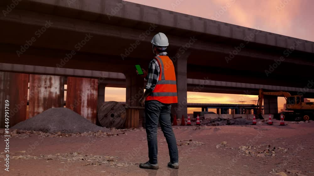 Full Body Back View Of Asian Male Engineer With Safety Helmet Working On A Green Screen Smartphone And Looking Around While Standing At The Site of Highway Construction Full Body Back View Of Asian Male Engineer With Safety Helmet Working On A Green Screen Smartphone And Looking Around While Standing At The Site of Highway Construction