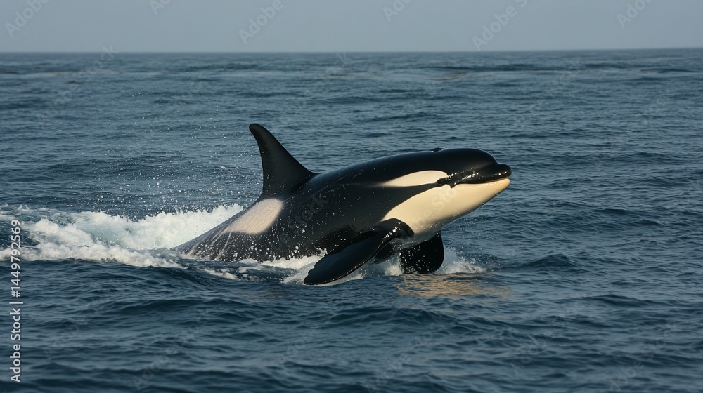 Fototapeta premium Orca leaping in ocean waves. Powerful marine predator in its element