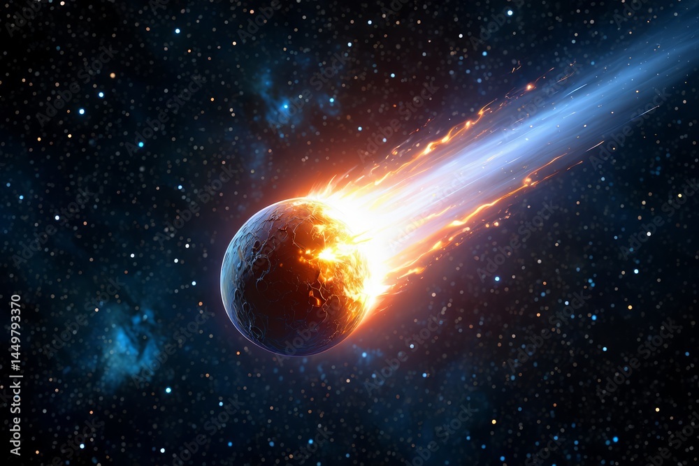 Obraz premium Comet with fiery and blue electric tail in starry space.