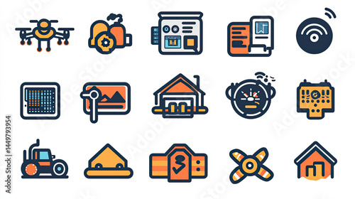 Collection of modern technology icons for various industries.  Includes agricultural, industrial, and home automation elements