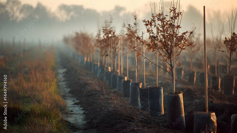 Fototapeta premium Row of young trees planted in containers on a misty morning embodying growth and new beginnings