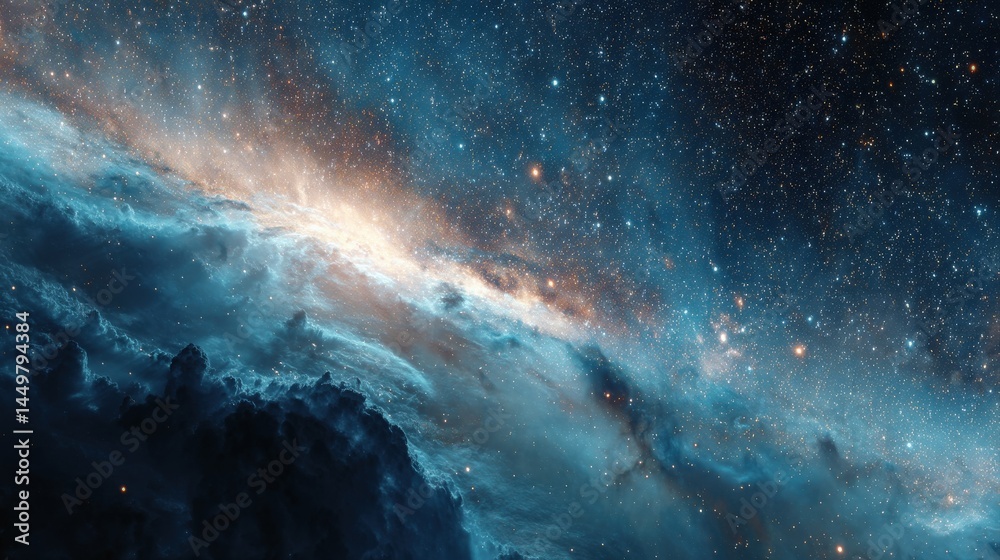 Fototapeta premium A breathtaking view of a nebula, swirling clouds of gas and dust illuminated by distant stars. Shades of teal and gold create a celestial masterpiece.