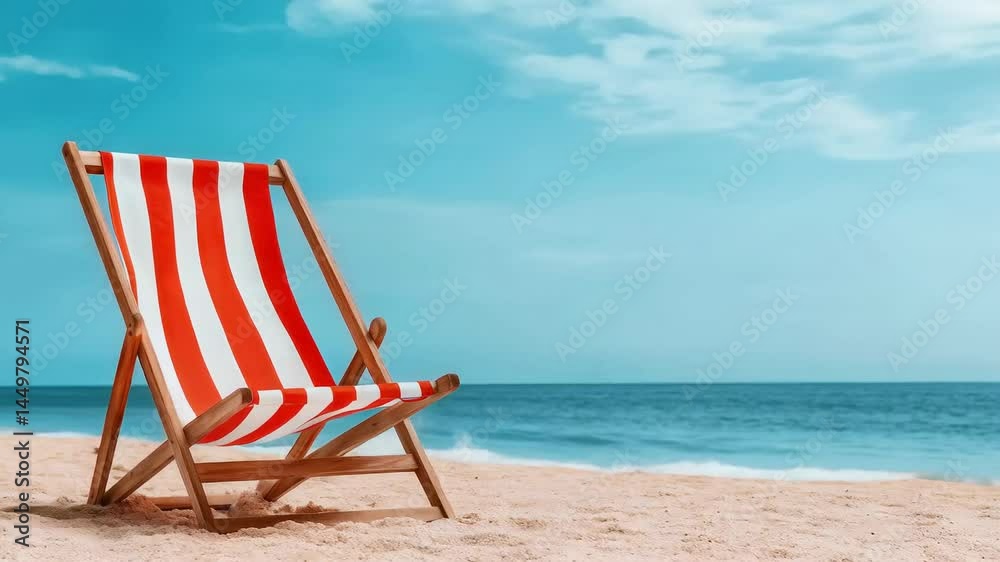 A beach chair with a red and white striped blanket is sitting on the sand