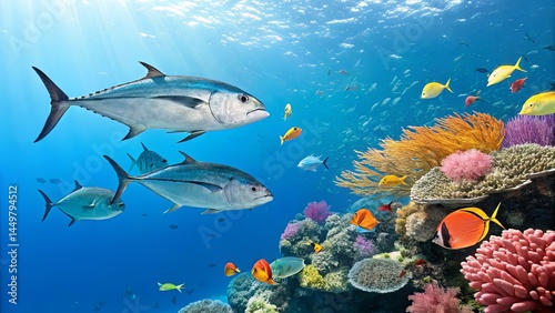 Underwater scene with tuna swimming among coral and tropical fish in vibrant ocean blues