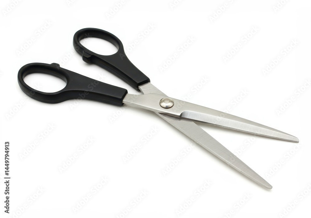 Open scissors with black handles and silver blades are isolated on a white background in a studio shot Open scissors with black handles and silver blades are isolated on a white background in a studio shot