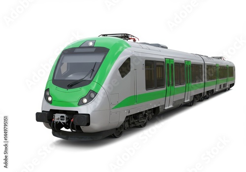 Modern electric train with green accents isolated on white background, showcasing contemporary rail transportation