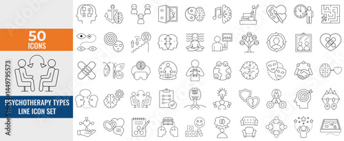Psychotherapy Types Line Icon Set – Thin Linear Vector Symbols of Therapy Methods, Mental Health Approaches, Cognitive, Behavioral, Humanistic, Gestalt & Positive Psychology