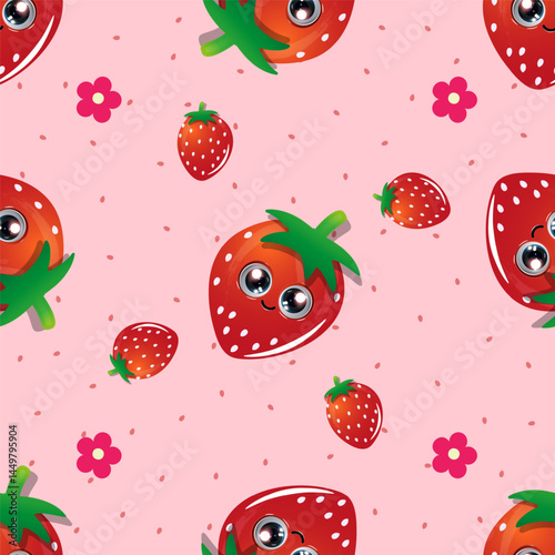 Pattern featuring cartoon strawberries with large, expressive eyes and smiling faces
