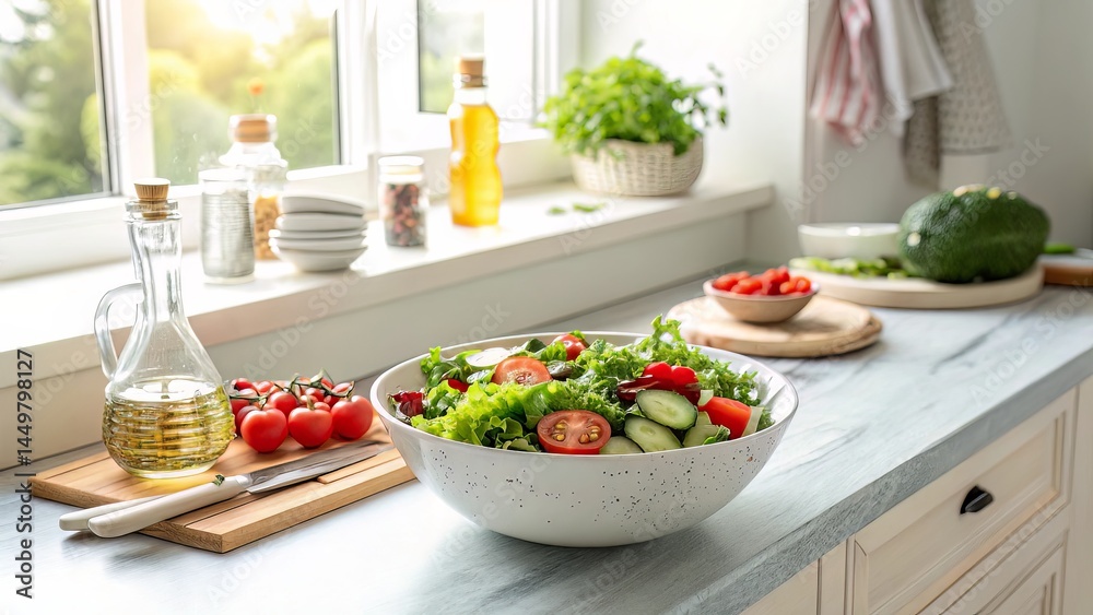 Bright kitchen scene with salad bowl on countertop, conveying health and freshness Bright kitchen scene with salad bowl on countertop, conveying health and freshness