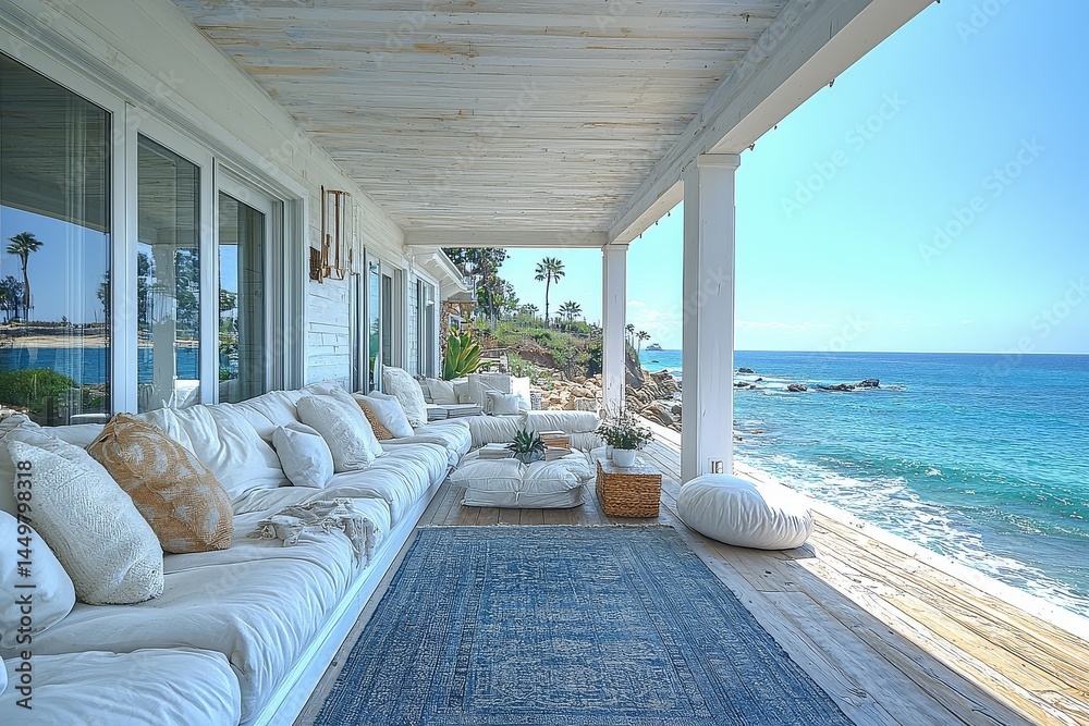 Fototapeta premium Mid-century modern sun porch with white outdoor furniture, blue and grey rug, large windows overlooking Malibu ocean, natural light and blue sky.