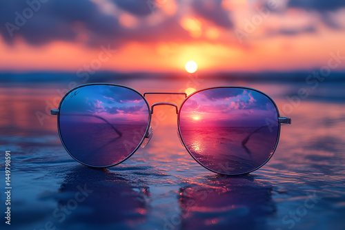sun glasses on the beach at sunset