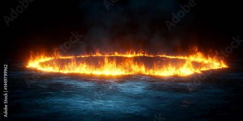A ring of fire burning brightly over a dark blue surface with smoke against a black background