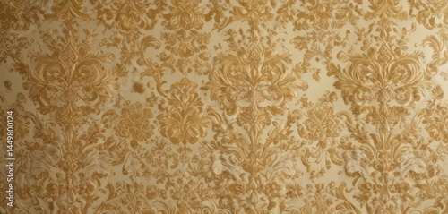 Opulent gold & cream damask fabric, intricate floral details , wallpaper, stylish