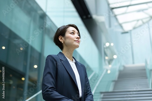A Japanese woman in her late thirties, wearing business attire, is standing on the second floor of