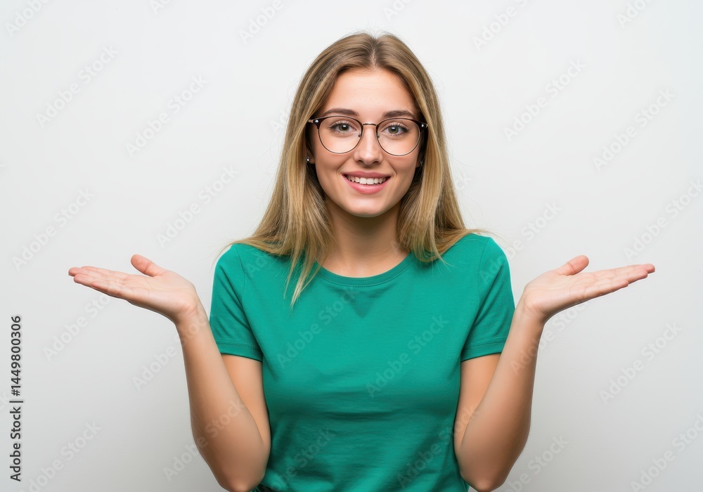 Smiling woman with glasses presents with open palms against a white background in a studio shot Smiling woman with glasses presents with open palms against a white background in a studio shot