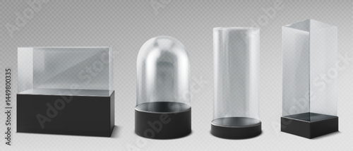 Glass museum displays set isolated on transparent background. Vector realistic illustration of 3d cube and dome showcase for gallery exhibition, empty store box, plastic stand mockup on black podium