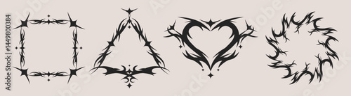 Neo tribal tattoo frames set isolated on background. Vector realistic illustration of gothic square, triangle, heart, circle borders, black ink symbols, grunge streetwear decor, graffiti elements