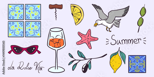 Italian summer vacation icons set isolated on background. Vector illustration of hand drawn doodle lemon, olive branch, cocktail glass, seagull, starfish, blue Sicilian tile ornaments, sunglasses