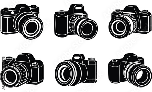 Camera with Zoom Lens Silhouette Vector Set – Telephoto Equipment, Professional Photography Gear